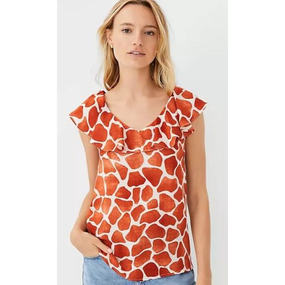 NWT Ann Taylor Orange Giraffe Print Ruffle Neck Shell Blouse Womens XS - Picture 1 of 8